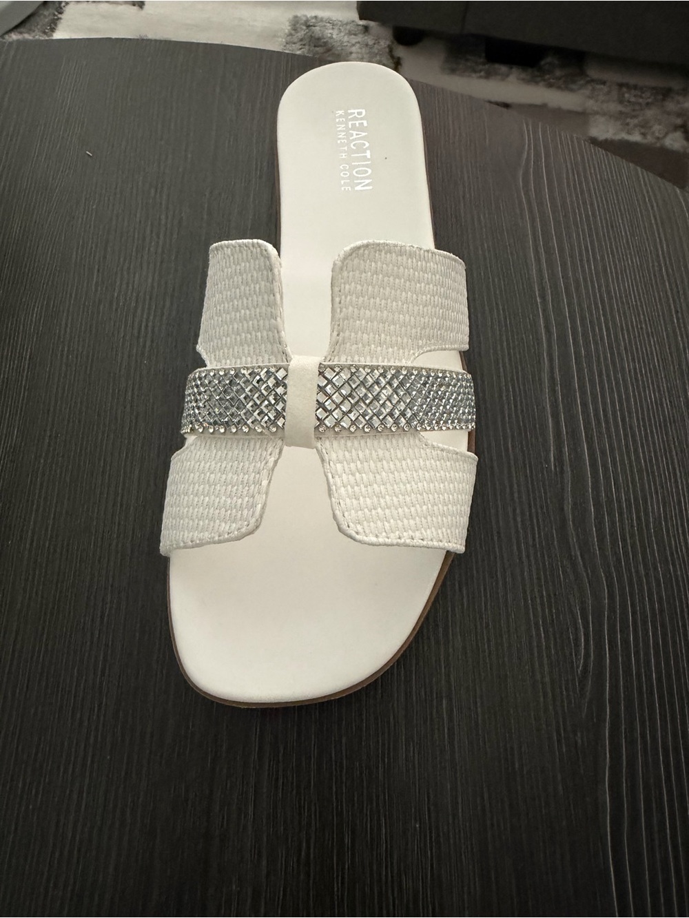 Reaction Kenneth Cole White Slide Sandal with Silver Embellished Strap